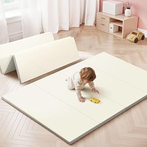 Baby Play Mat,YOYU 47*63inch PU Waterproof Foldable Play Mats for Babies and Toddlers,1.6inch Large Thick Playmat,non-slip portable double-sided Foam Play Mat,Infant Crawling Playmat, Easy to Clean Large(Allbeige)