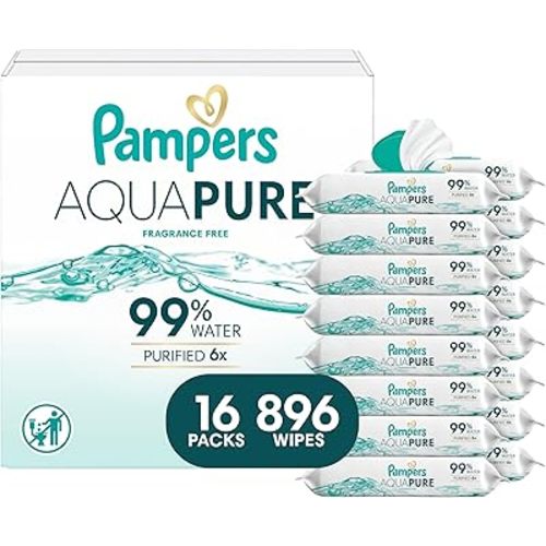 Pampers Aqua Pure Baby Wipes, 99% Water, Fragrance Free, 896 Baby Wipes Total (16X Flip-Top Packs) [Packaging May Vary]