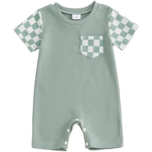 Newborn Baby Boy Summer Outfit Romper Short Sleeve Plaid Print Patchwork Jumpsuits Cute Infant Waffle Clothes