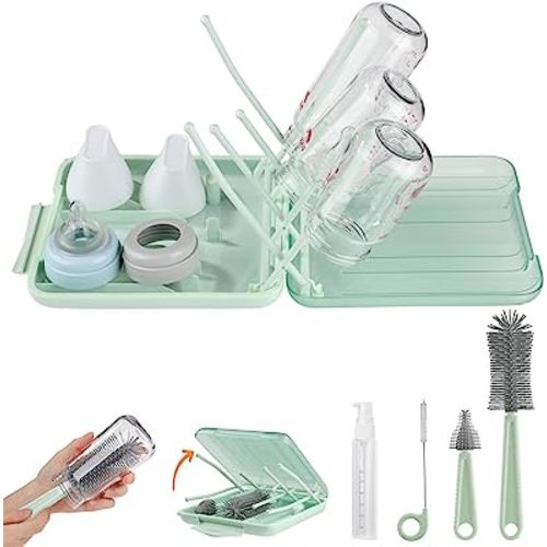 Bottle Brush Set -Baby Travel Essential-6 in 1 Bottle Cleaner Kit with Silicone Bottle Brush,Nipple Cleaner Brush,Straw Brush,Soap Dispenser,Storage Box,Bottle Drying Rack for Home and Travel(Green)