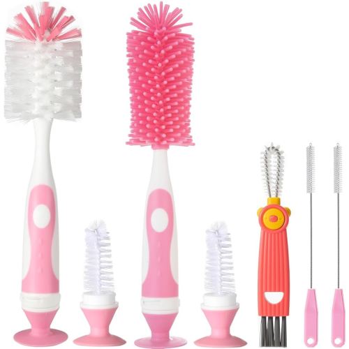 5-in-1 Baby Bottle Brush Set, Including Nylon and Silicone Bottle Brush, Cap, Straw, Nipple Brushes, BPA-Free (Pink)