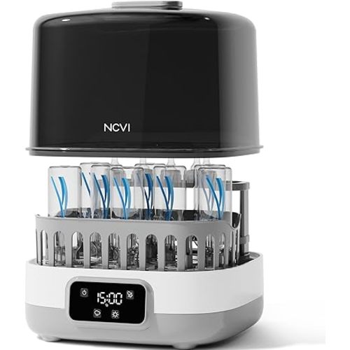 NCVI 20-Minute Baby Bottle Steamer Sterilizer and Dryer with 2 Bottle Trays for 8/6 Bottles, Fast Electric Steam Sterilization Disinfection for All Bottles, Pacifiers, Teether and Breast Pump Parts