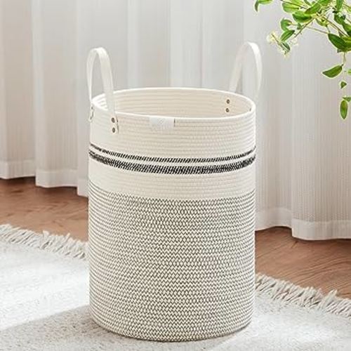 VIPOSCO Tall Laundry Basket, Large Dirty Clothes Hamper with Leather Handle, Woven Rope Storage Basket for Blanket, Toy In Living Room, Bathroom, Bedroom - 58L Stripe White