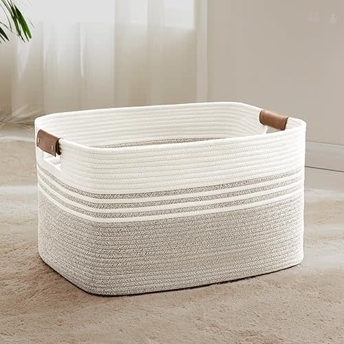 Laundry basket with leather handles for clothes,blankets,pillows,toys,towels,suitable for bedrooms and living rooms,cotton woven laundry hamper,extra large gift basket,22"x17"x12",Beige Brown