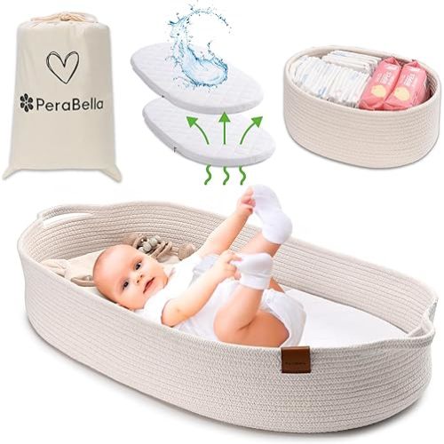 Baby Changing Basket for Baby Dresser, Moses Basket for Babies, Cotton Rope Diaper Changing Basket, Unisex Baby Moses Basket, Foam Diaper Changing Pad for Dresser, Changing Table Topper for Dresser