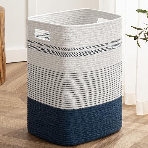joybest Cotton Laundry Basket, Large Woven Rope Basket with Handles for Living Room and Bedroom, Stylish Storage Basket for Blankets, Toys, Clothes and Pillow - 22x16x13 Inches Dark Blue