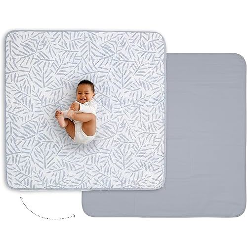 Toddlekind Pretty Practical Mat 100% Organic Cotton 47" x 47”, Reversible, Portable, Travel, Portable, Indoor/Outdoor, for Babies/Toddlers, Sandy Lines-Ocean Leaves-Stone (Grey)