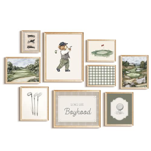 Vintage Sports Nursery Wall Art Decor Golf Teddy Bear Canvas Pictures Toddler Boy Room Wall Decor Sports Animal Poster Baby Boy Nursery Prints Vintage Golf Artwork for Bedroom 8x10x9 Inch Unframed