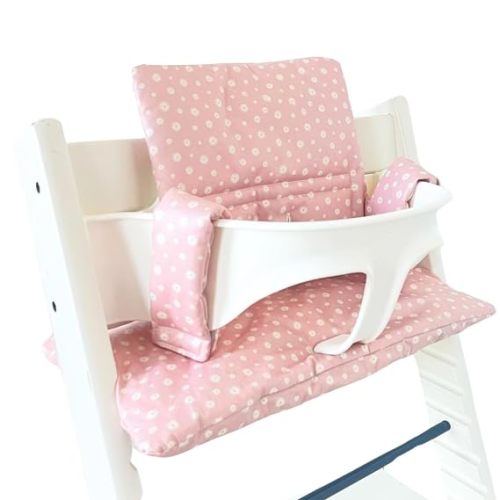 UKJE Cushion Compatible with Stokke Tripp Trapp (Old and New Model) 2 Pieces | Wipeable & Washable at 86°F | Oeko-Tex Certified Cotton | Extra Padded Handmade Seat Cover | Pink Daisy