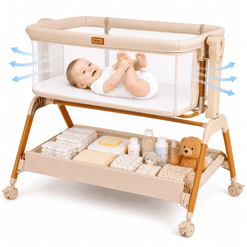Baby Bassinet, Bobiber 3-in-1 Baby Bassinet Bedside Sleeper with Rocking and Adjustable Height, Storage Basket, Wheels, for 0-24 Months,White
