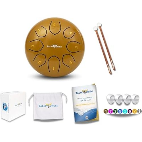 The Balmy Drum - 8 Note 6 Inch Steel Tongue Drum, Steel Drum Instrument, Drums For Children and Adults, Balmy Drum Set for Kids with Music Book, Handpan, Mallet and Carry Bag (Gold)