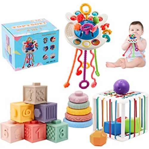 4 in 1 Baby Toys 6-12 Months, Stacking Building Blocks Infant Toys & Stacking Rings Teething Toys 0-6-12-18 M+, Color Shape Bin Sensory Toys, Pull String Montessori Toys for 1-3 Year Old Boy Girl Gift