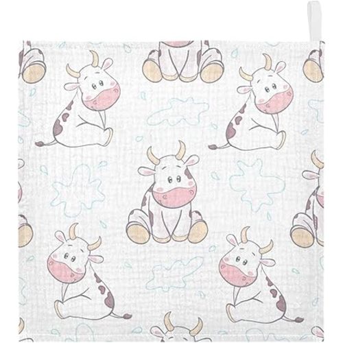Cute Cow Muslin Baby Hand Washcloths, Soft Cotton Bath Face Towel, 4 Layers Extra Absorbent Feeding Burp Cloth for Newborn Infant Sensitive Skin, 3 Pack