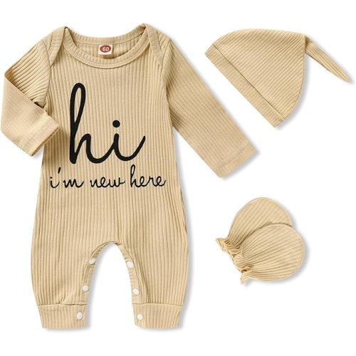 GRNSHTS Newborn Baby Boy Romper Coming Home Outfits Letter Print Bodysuit Jumpsuit+Hat+Gloves 3PCS Clothes Set