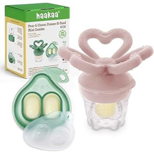 Haakaa Clover Baby Fruit Feeder Teether & Mini Freezer Nibble Tray – BPA-Free Silicone Breastmilk Popsicle Mold for Baby Teething Relief & Self-Feeding, 4M+（Blush）