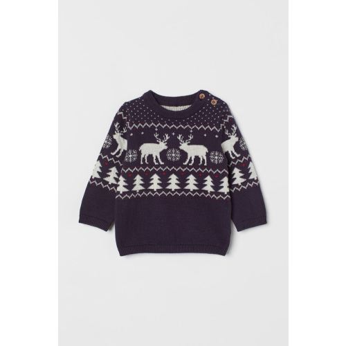 Jacquard-knit Cotton Sweater - Dark blue/reindeer - Kids | H&M US