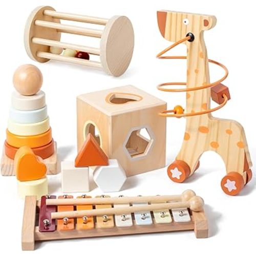 Montessori Toys for 1-3 Year Old, Baby Toys 12-18 Months, Wooden Stacking Rings Toys for Toddlers, Shape Sorting Cube, Xylophone, Preschool Sensory Developmental Educational Toys for Babies