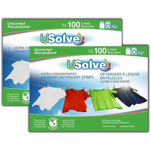 Usolve New Eco-Friendly Laundry Detergent Strips (2 Pack Unscented, Up to 200 Loads), Ultra Concentrated. More Convenient than Pods, Pacs, Liquids or Powders. Total 100 Count