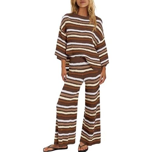 ReachMe Womens Oversized Striped 2 Piece Sets Sweater and Wide Leg Pants with Pockets Pajama Lounge Sets Casual Outfits