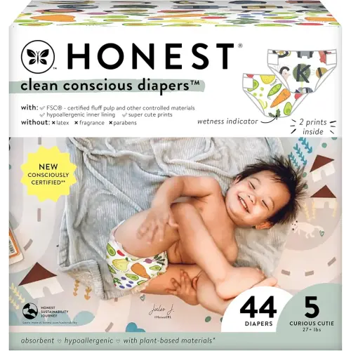 The Honest Company Clean Conscious Diapers | Plant-Based, Sustainable | So Delish + All The Letters | Club Box, Size 5 (27+ lbs), 44 Count
