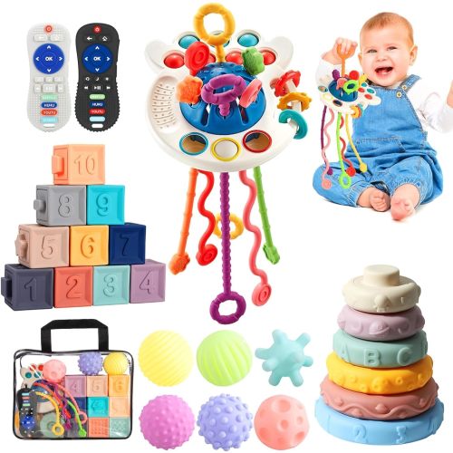 Lauon Baby Toys for 6 to 12 Months, 5 in 1 Montessori Toys for Babies, Sensory Toys for Toddlers 1-3,Pull String Toys, Stacking Blocks, Sensory Shapes & Teething Simulation Remote Control