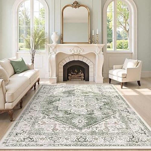 LIVEBOX Washable Area Rug 8x10 - Large Vintage Tribal Living Room Rug Oriental Rugs for Bedroom, Non-Slip Retro Medallion Carpet Print Distressed Rugs for Dining Room Home Office Sage