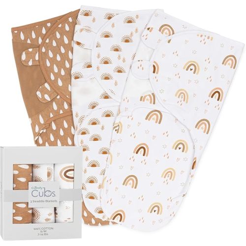 Comfy Cubs Easy Swaddle Blanket, 3 Pack - 100% Cotton Newborn Wrap, Large for 3-6 Months Infants, with Adjustable Velcro, Breathable and Durable Sleep Sack for Babies - Rainbow Bohemian