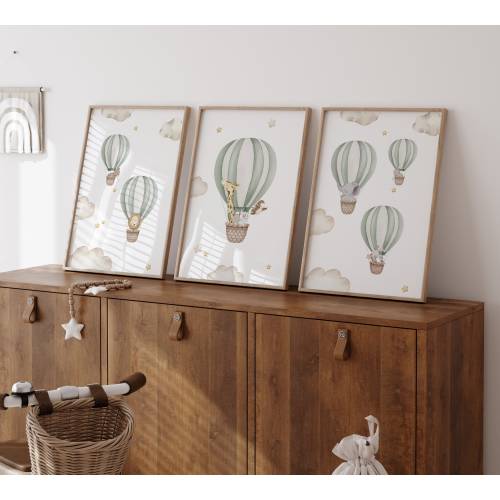 Nursery Air Balloon Animal Prints, Hot air balloon prints, Boy Girl, Unisex Neutral Beige Green Blue Boho, Elephant Giraffe Lion