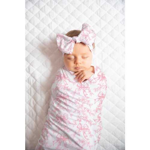 Pink Bow Toile Baby Girl Blanket | Swaddle Set | Bow Knot Hat or Beanie Cap | Baby Shower Gift | Photo Prop | Keepsake | Come Home Outfit