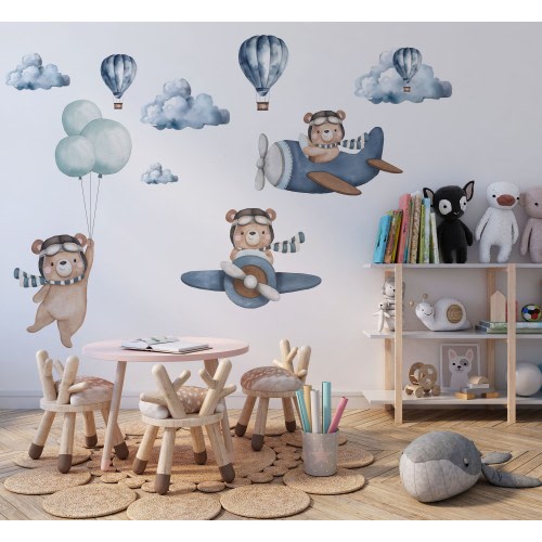 nursery bear wall decals, hot air ballon wall decals, plane wall decals, wall decals nursery, kids wall decals