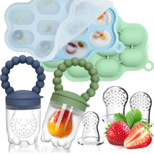 Silicone Baby Fruit Food Feeder, 2 Pack Freezer Tray with lid for Batch Prep,Introduce New Foods, Breastmilk Popsicle Molds, Silicone Teething Toys, Includes 6 Extra Food Pacifier