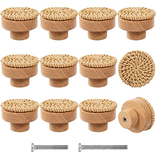 ANPHSIN 12 Pack Boho Rattan Cabinet Dresser Knobs- Durable Beech Wood Drawer Knobs Handmade Wicker Woven Pulls Handles with 24 Screws for Home Furniture