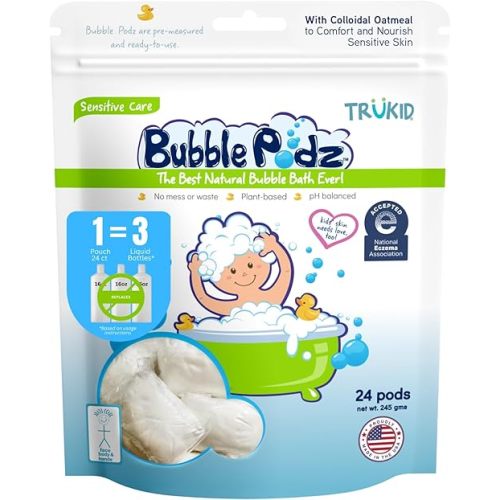 TruKid Bubble Podz Bubble Bath for Baby & Kids, NEA-Accepted for Eczema, Gentle Refreshing Colloidal Oatmeal Bath Bomb for Sensitive Skin, pH Balance 7 for Eye Sensitivity, Unscented (24 Podz)