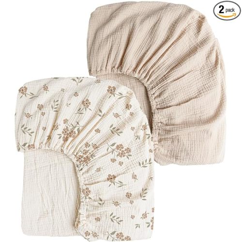 Konssy Muslin Crib Sheets for Girl Boy, 2 PCS Soft and Breathable Cotton Baby Sheets for Standard Crib Mattress, 52"x 28" (Blossom, Cream)