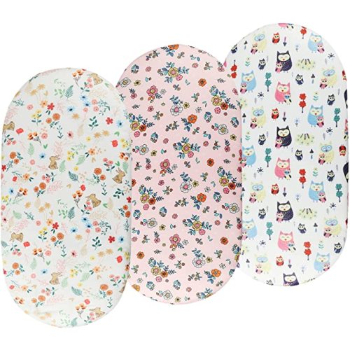 Bassinet Sheets Set 3 Pack for Baby Girl, Stretchy Soft Jersey Knitted Fitted Sheet Universal for Oval Rectangle and Hourglass Bassinet Mattress, Flower, Rabbit and Owl Printing - Flower Rabbit & Owl