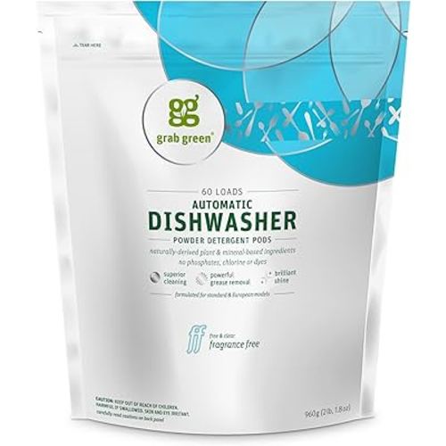Grab Green Automatic Dishwashing Detergent Pods, 60 Count, Fragrance Free, Plant and Mineral Based, Superior Cleaning, Powerful Grease Removal, Brilliant Shine
