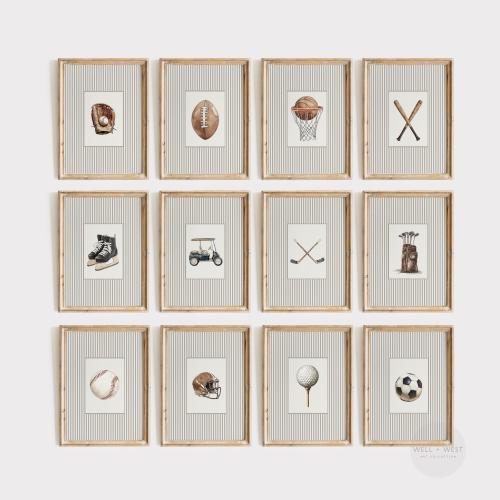 Set of 12 Sports Prints | Vintage Style Illustrations | Baseball, Football, Golf, Hockey, Basketball, Soccer | Boys Room Nursery Art | PS150