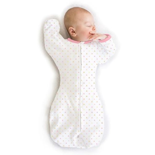 SwaddleDesigns Transitional Swaddle Sack, Arms Up Half-Length Sleeves & Mitten Cuffs, Swaddle for Newborn Transition to Baby Sleep Sack Wearable Blanket, Small, 0-3 mo, 6-14 lb, Pink Tiny Triangles