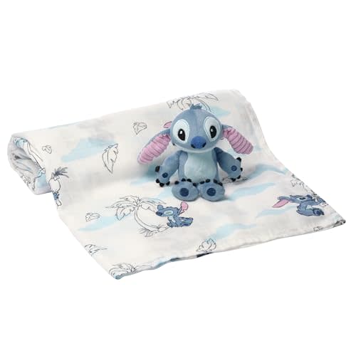 Lambs & Ivy Disney Stitch Luxury Muslin Swaddle Blanket & Plush Toy Gift Set