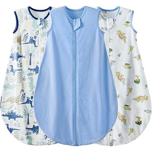 Duomiaomiao 3 Pack Baby Sleep Sack 100% Organic Cotton Lightweight Breathable Comfy Toddler Sleeping Sack (0.5tog Dinosaurs, Medium)