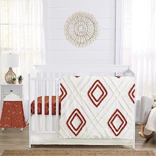 Sweet Jojo Designs Boho Diamond Baby Boy Girl Nursery Crib Bedding Set - 4 Pieces - Ivory Burnt Orange Rust Off White Diamond Tufted Bohemian Farmhouse Southwest Shabby Chic Designer Arrow Chevron