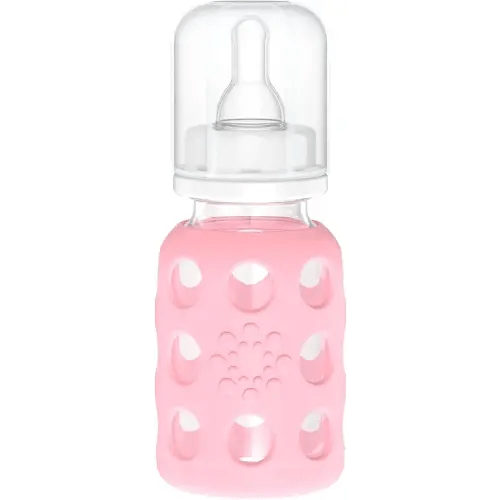 Lifefactory 4-Ounce Glass Baby Bottle with Protective Silicone Sleeve and Stage 1 Nipple Pink (LF110003C4)