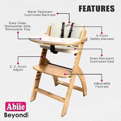Abiie Beyond Junior Wooden High Chair with Tray - Convertible Baby Highchair - Adjustable High Chair for Babies/Toddlers/6 Months up to 250 Lb - Stain & Water Resistant Natural Wood/Dove Grey Cushion - 1 Count (Pack of 1) - Natural Wood - Dove Grey Cushio