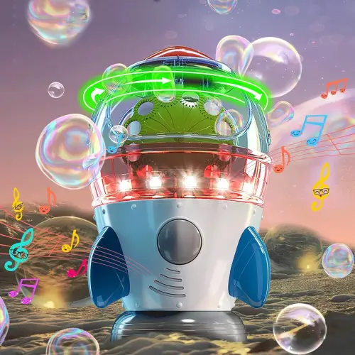 Bubble Machine, Automatic 360° Rotatable Rocket Blower Machine with 2 Fans Lights Music for Kids Toddlers 1-3 Bubble Maker Machine for Indoor Outdoor Wedding Party Birthday Gifts