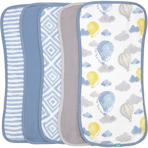 Featherhead™ 5-Pack Muslin Burp Cloths for Baby Boy Large 22" X 11" - Ultra Soft & Extra Absorbent Cotton Terry Backing (Blue Balloons)