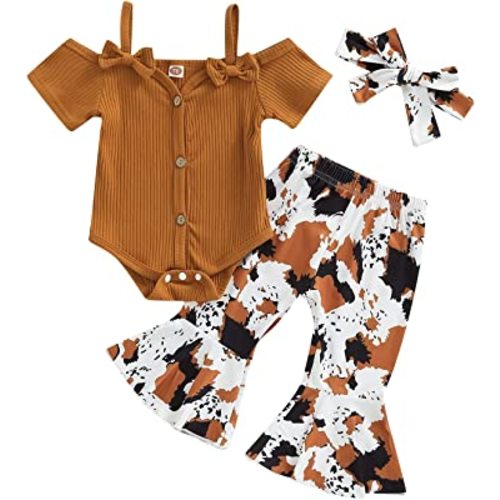 Lefyira Cow Print Bell Bottoms Outfits Toddler Girl Short Sleeve Romper Rib Knit Button Bodysuit Flare Pants Clothes Summer