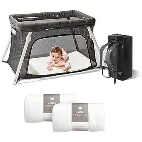 Guava Lotus Travel Crib Bundle with Two Cotton Sheets & Mattress | Play Yard with Lightweight Backpack Design | Certified Baby Safe Portable Crib | Folding Portable Playpen for Babies & Toddlers