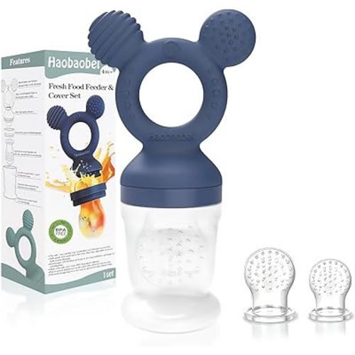 Baby Fruit Feeder, Frozen Teething Toys, Infants Teether Pacifier with 3 Extra Teats, Toddler Eating Essentials, BPA Free Feeding Supplies (Steel Blue)