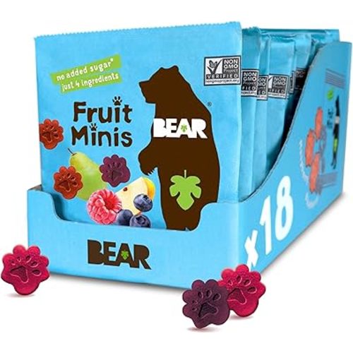 BEAR Real Fruit Snack Minis, Raspberry/Blueberry, No added Sugar, All Natural, Bite Sized Snacks for Kids, Non GMO, Gluten Free, Vegan, 0.7 Oz (Pack of 18)