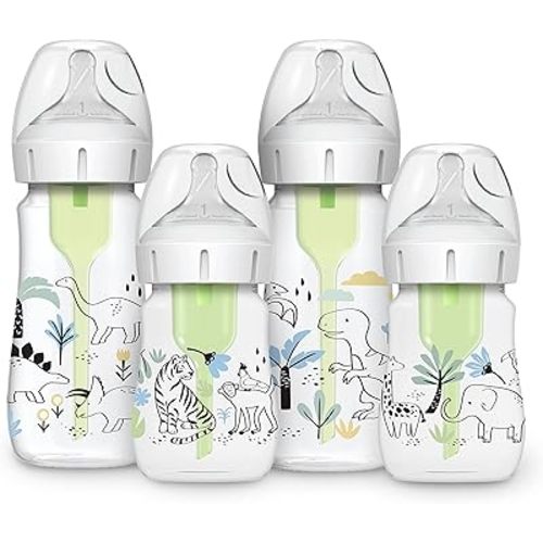Dr. Brown’s Natural Flow® Anti-Colic Options+™ Wide-Neck Baby Bottle Designer Edition Bottles, Dinosaur and Jungle Design, 9 oz and 5oz, Level 1 Nipple, 4-Pack, 0m+